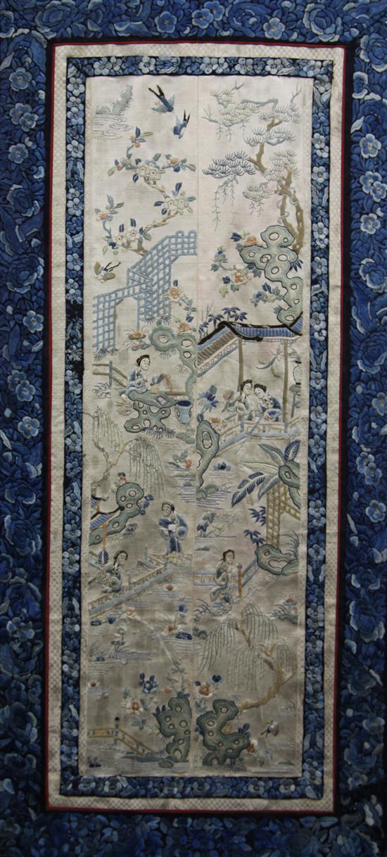 Four Chinese embroidered silk panels, late 19th/early 20th century, largest 65 x 33cm